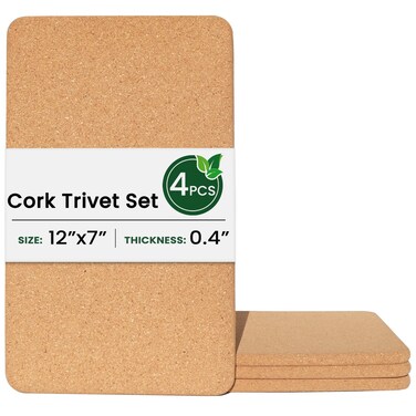 KITWILD High Density Rectangle Thick Cork Trivets for Hot Dishes, Plates, and Kitchen Countertops, Fine Particle 12x7 Inch Heat Resistant Cork Coaster, Cork Placemats for Hot Pots and Pans, 4 Pcs