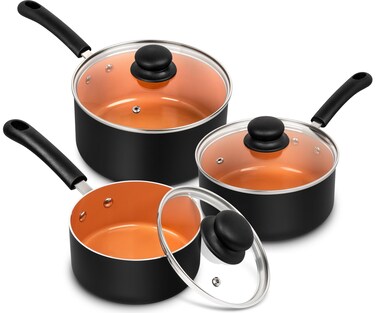 MICHELANGELO Ceramic Saucepan Set 1.5QT &amp; 2QT &amp; 3QT Nonstick Sauce Pans, PFAS-FREE Saucepan with Lid, Copper Saucepan Pot Set of 3, Multipurpose Small Saucepans, Non Stick Sauce Pots,Dishwasher Safe
