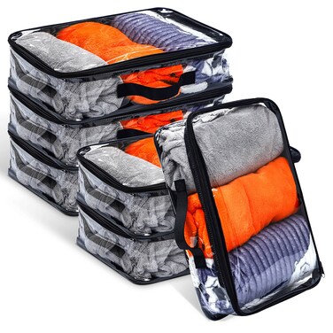6 Pieces Large Clear Travel Packing Cube Clear Vinyl Zippered Storage Bags See Through Moving Bag PVC Multipurpose Pouch with Handle for Suitcase Shirts Dress Storage (Black, 15.8 x 10.2 x 3.9 Inch)