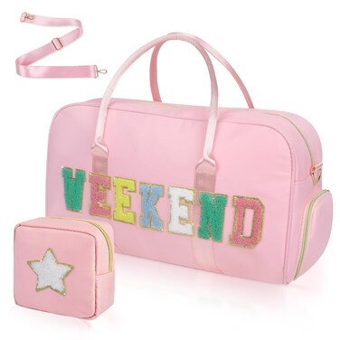Duffel Bag KUIRAN 2 Pcs Weekend Bag Travel Duffel Bag with Shoes Compartment Chenille Letter Bag and Cosmatic bag Set Overnight Bag for Women Carry on Bags Travel Tote Bag