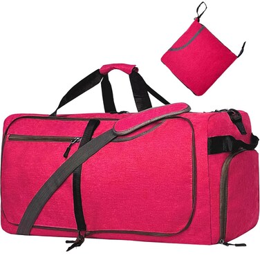65L Large Foldable Duffle Bag for Travel with Wet Pocket &amp; Shoes Compartment Men Women Waterproof Weekender Overnight Duffle Bag(65LRose)