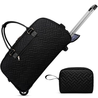 Rolling Travel Duffle Bag with Wheels for Women, Large Carry on Duffel Bags with Toiletry Bag Wet Pocket, Weekender Overnight Traveling Bag with Roller Black