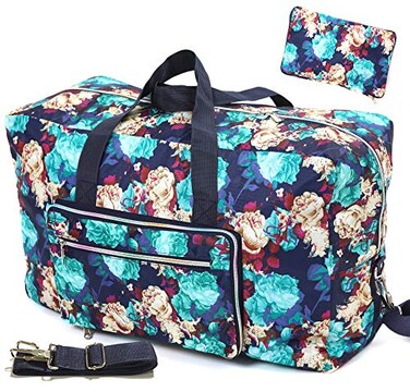 Large Foldable Travel Duffel Bag, Sports Tote Gym Bag For Women with Trolley Sleeve Weekender Overnight Carry On Checked Luggage Bag Hospital Bag Tote Shoulder Handbag Bag (blue flower)