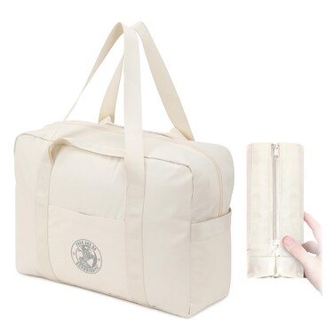 Weekender Bags for Women, Travel Duffel Bags, Water Resistant Personal Item/Carry Bag, Carry on Overnight Bag, Foldable Gym Bag for Travelling, Sports (Beige)