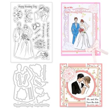 INFUNLY Happy Wedding Day Clear Stamp and Die Cuts Set Bride and Groom Reusable Silicone Stamps Bouquet Transparent Seal Wedding Blessing Text Rubber Stamps for Card Making Invitation Photo Album