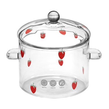 Glass Saucepan with Cover (64oz/1.9L) Double Handle Pot, Cute Strawberry Pattern Design, Stovetop Heat Resistant Glass Crock Pot for Pasta Noodle, Soup, Milk, Tea(9.44 x 9.44 x 7.87 inch)