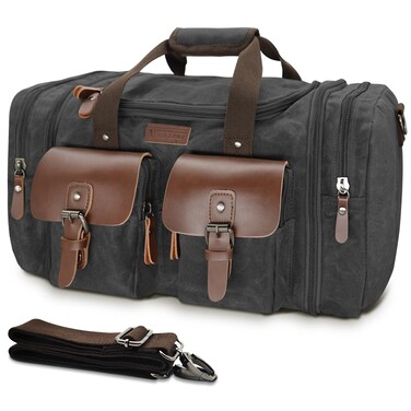 Wildroad 50L Travel Duffel Bag, Expandable Waxed Canvas Genuine Leather Duffle Bag Upgraded Overnight Weekender Bag Carry on Bag (Vintage Black, Large-50L)