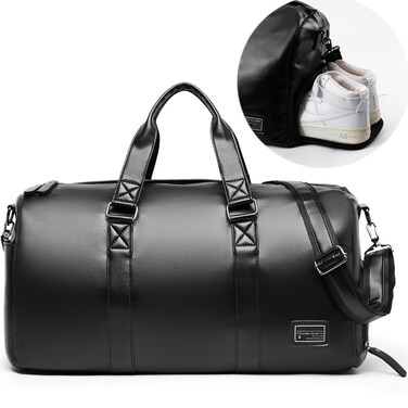 MATE ELAN Leather Duffle Travel Gym Bag for Men with Shoe Compartment, 32L PU Leather Weekender Waterproof Overnight Bag Gym Sports Carry-On Black