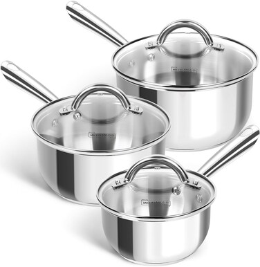 MICHELANGELO Stainless Steel Pot Set 6 Pcs with Triply Base, Stainless Steel Saucepans with Lids, Induction Saucepan Set with Stay-cool Handle - 1QT &amp; 2QT &amp; 3QT
