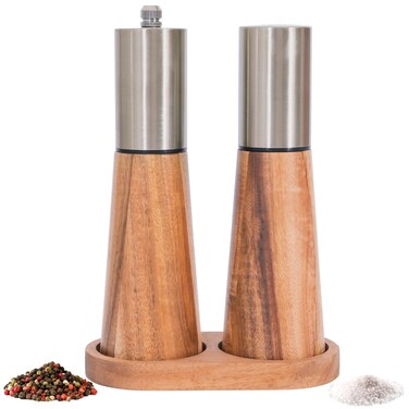 Salt Shaker and Pepper Grinder with Tray, Acacia Wood Salt and Pepper Grinder Set with High Strength Ceramic Grinding Core, Refillable Salt Shaker &amp; Pepper Mill Adjustable for Customized Coarseness