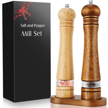 Wooden Salt and Pepper Grinder Set,2 Pcs Large 10 Inch Refillable Pepper Mills with Tray,Manual Solid Oak Wood Mills Shakers with Adjustable Ceramic Core and Transparent Window for Pepper,Salt,Spice