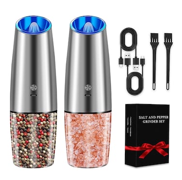 Electric Salt and Pepper Grinder Set, Saicefe USB Rechargeable Salt and Pepper Mill &amp; Adjustable Coarseness, Automatic Salt Grinders Spice Shakers with LED Light, One Hand Operation, Stainless Steel