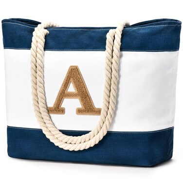 Becokan Initial Beach Bag Waterproof Canvas Beach Tote Bag Zipper Personalized Gifts for Women Her Birthday Travel Essentials (A, Dark Blue)