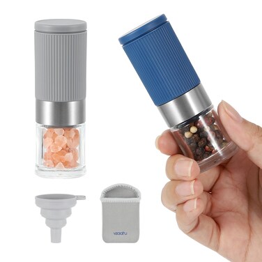 vzaahu Mini Salt and Pepper Grinder Set with Bag and Funnel, Small Travel Portable Spice Tools, Adjustable Coarseness, Refillable, Ceramic Burrs Seasoning Mills for Camping Van, Cook, BBQ, RV
