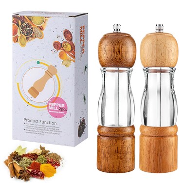 Wooden Salt and Pepper Grinder set, 8 Inch Manual Salt and Pepper Mills with Adjustable Ceramic Core, Pepper Mill Grinder for Kitchen, Pack of 2