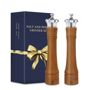 2 Pack-10 Inch Wood Salt and Pepper Grinder Set, Salt and Pepper Mill Set, Elegant Spice Shaker with Crown Lid, Kitchen Table Decor Adjustable Ceramic Core