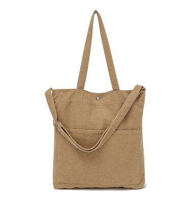 Jeelow 16oz Heavy Duty Canvas Tote Bag Crossbody Shoulder Handbag for Men &amp; Women Washed Cotton Adjustable Strap Multiple Pockets (Brown 2 Way)