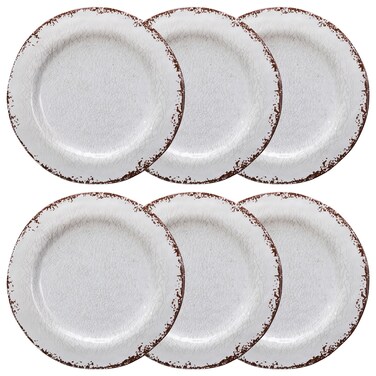LEHAHA 9 inch White Melamine Salad Plate Set, Vintage Rustic 6 piece Dessert Plates Set, Break-Resistant Dishes Set Great for Dining Party, Ideal for Salad,Dessert,Fruit and Cakes
