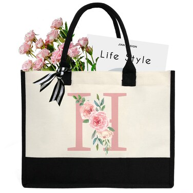 DEEZOMO Initial Canvas Tote Bag for Women, Beach Bag with Inner Zipper Pocket Personalized Gifts for Wedding, Birthday - Pink(H)