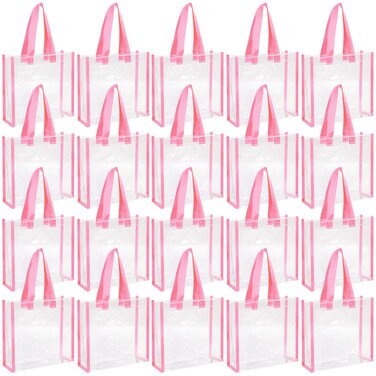 Paterr 20 Pack Plastic Clear Tote Bags 10 x 10 x 4 Inch Stadium Approved Gift Bag with Handles for Women Sports Work Travel (Pink)
