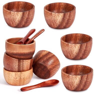 Didaey 8 Pcs Small Wooden Dipping Bowls Condiments Mini Wood Bowl Small Serving Bowls 2.8 x 1.6 Inches with 8 Wood Spoons for Salad Bowl with Serving Utensils for Sauces, Nuts, Ketchup, Herb