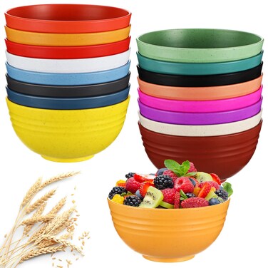 Tioncy Set of 16 Unbreakable Cereal Bowls 22 oz Lightweight Bowl Sets Microwave and Dishwasher Safe Wheat Straw Fiber Plastic Bowls for Serving Soup Salad Oatmeal Rice, 16 Colors