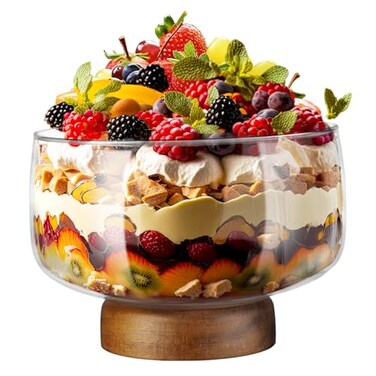 NiHome 123oz Large Glass Trifle Bowl with Elegant Acacia Wood Stand, Versatile Serving Dish for Cakes, Salads, Desserts, Stylish Display for Parties, Weddings, Special Occasions, Durable Easy to Clean