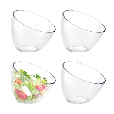 4 Pack Angled Plastic Serving Bowls, Clear Slant Salad bowls 20 Oz -Perfect for Chips, Salads, Party Snack Bowls, Heavy Duty for Weddings Catering And Birthday Parties