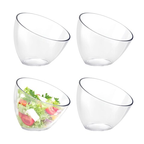 4 Pack Angled Plastic Serving Bowls, Clear Slant Salad bowls 20 Oz -Perfect for Chips, Salads, Party Snack Bowls, Heavy Duty for Weddings Catering And Birthday Parties
