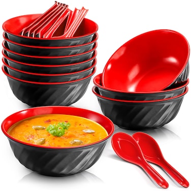 Mezchi Set of 10 Melamine Miso Soup Bowls with Spoons, 26 Oz Large Cereal Bowls, 6.8" Japanese Ramen Bowl, Mixing Salad Bowl, Asian Chinese Bowl for Noodles