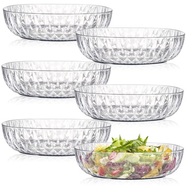 Fasmov 6 Pack Plastic Serving Bowls, Square Serving Bowls, 72 Ounce Large Elegant Diamond Pattern Plastic Bowls for Salad, Party Snack, Popcorn, Chip, Buffet, Candy, Fruit, Clear