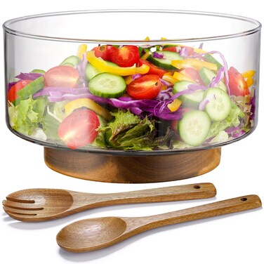 NiHome Glass Salad Bowl with Acacia Wood Salad Tongs, Large Capacity Design with Enhanced Stability, Versatile Serving Dish for Salads, Fruits, Ideal for Gatherings &amp; Daily Family Dining
