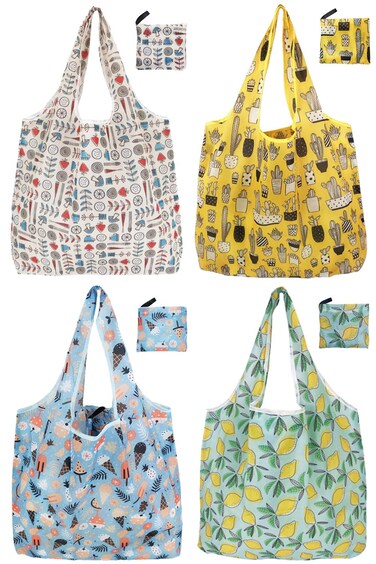 Noilk Reusable Foldable Shopping Bags, 4 Pack - Lightweight And Compact, Grocery Totes With Summer Patterns, Machine Washable And Durable, Ideal For Groceries, Travel, And Daily Use