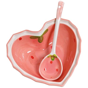 ABOOFAN Heart Shaped Dessert Bowl Ceramic Strawberry Fruit Bowl Ice Cream Bowl Pudding Bowls with Spoon Salad Bowl Snack Bowl Appetizer Plates for Soup Cereal Nuts Oatmeal