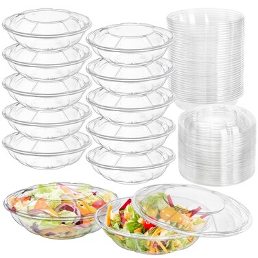 Mezchi 50 Pack Plastic Salad Bowls with Lids, 18 oz Disposable Salad To-Go Container for Lunch, Clear Acai Bowls for Takeout Fruits, Meal Prep, Nuts, Serving, and Mixing