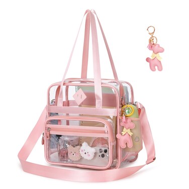 Clear Tote Bag, 12x6x12 Clear Bag for Stadium Events with Removable Strap See Through Bag for Women Transparent Shoulder Crossbody Concert Bag for Men for Festival Work, Pink