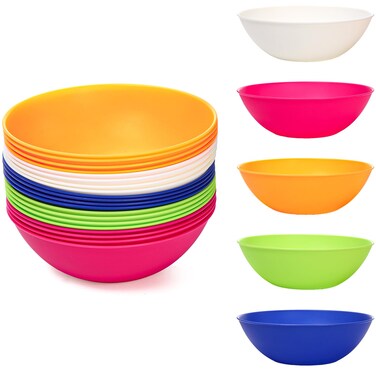 Lawei 20 Pack Plastic Cereal Bowls 34Oz Colorful Snack Bowls, Stackable Kitchen Pre Bowls, Unbreakable Serving Bowl for Salad, Oatmeal, Dessert, Appetizer, Pasta, Microwave Dishwasher Safe, 5 Color