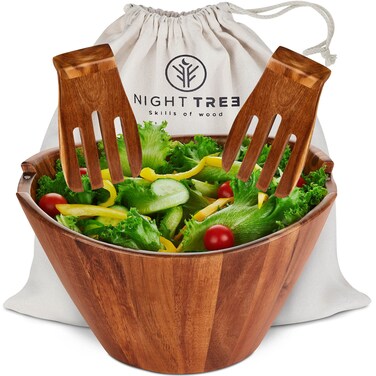 Wooden Large salad bowl set with serving forks mixing, Wooden Bowls for Food or fruits, magnetic utensils for 6-8 servings, perfect acai bowl for family meals or unique gift idea for your lovers