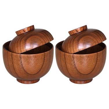 Luxshiny Miso Bowl with Lid: 2pcs Wooden Japanese Bowls Lacquered Rice Bowls Traditional Soup Bowls Food Serving Bowl Salad Snack Bowls for Home Kitchen Restaurant Brown