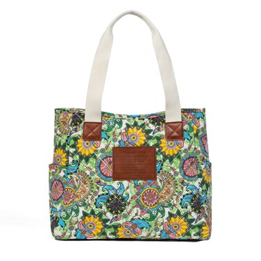 Malirona Women Canvas Tote Bag, Zipper Casual Tote's Handbag Large Capacity Shoulder Bag with Pockets for Office Shopping Travel (Green Flower)