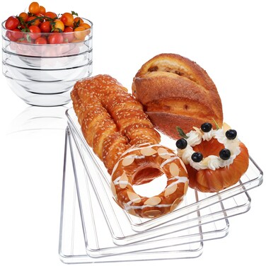 Skybooly 8 Pcs Acrylic Plastic Salad Bowls and Serving Trays Set Includes 4 Pieces 9.06 Inches Large Clear Bowls and 4 Pieces Serving Platters Rectangle 12 x 8 inches Dish for Party Snack Container