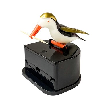 NIIIYTYB Creative Little Bird Toothpick Dispenser Holder Fun Push Type Woodpecker Toothpick Holder Bird Shape Toothpick Case Cute and Funny Toothpick Box for Kitchen (White, Black and Gold)