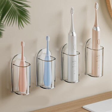 4 PCS Electric Toothbrush Holders for Bathroom, Wall Mounted Clear Electric Toothbrush Organizer, Self Adhesive Bathrooms Toothbrush Storage for Shower, Saving Space and Keep Drying