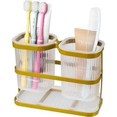 Gold Toothbrush Holders for Bathrooms, 2 Cups Toothbrush Holders Wall Mounted, Dry &amp; Wet Separation, Bathroom Organizer and Storage - Bathroom Toothbrush Holder Set for Family Kids