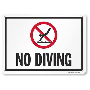 SmartSign 10 x 14 inch &acirc;&euro;&oelig;No Diving&acirc;&euro; Metal Sign with Symbol, Pre-Cleared Holes, 40 mil Laminated Rustproof Aluminum, Red/Black on White, Made in USA