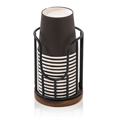 QTTCMY Bathroom Cup Dispenser with Acacia Wood Stand - Essential Bathroom Accessories for Toothbrush Holders &amp; Mouthwash Cup Dispenser on Vanity Countertops Black