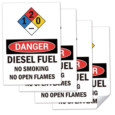 DANGER- Diesel Fuel No Smoking No Open Flames Sign, Set of 5 Self Adhesive Gasoline Warning Sticker Decal For Tanks, Size 7" x 10" (Vinyl)