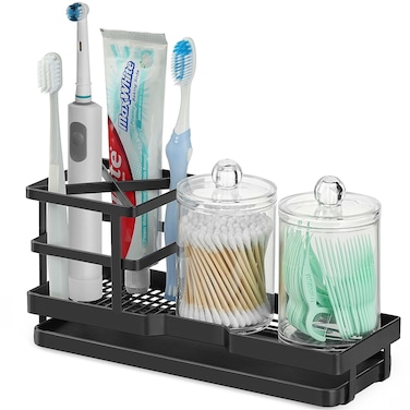 MYITYARD Toothbrush Holders for Bathrooms, Cotton Swabs &amp; Cups Dispenser Set - Metal Electric Tooth Brushing &amp; Toothpaste Countertop Organizer with Drainage for Shower, Sink - Black