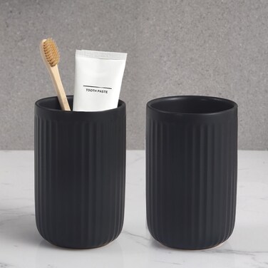 Matte Black Toothbrush Holders for Bathrooms - Black Ceramic Bathroom Tumbler Cups Reusable Toothbrush Cup Black Mouthwash Cup, 2 Cups Toothbrush Toothpaste Holders Set, Bathroom Counter Organizer