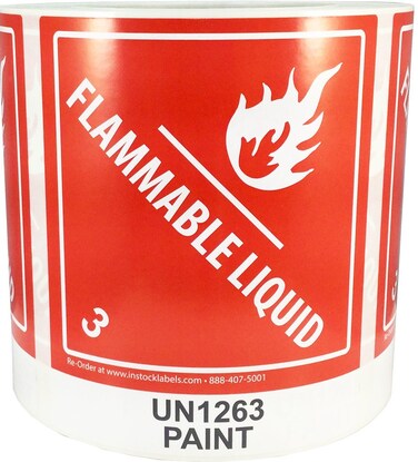 Hazard Class 3 D.O.T. UN1263 Paint Flammable Liquid Labels 4 x 4 3/4 Inch Square 500 Adhesive Labels